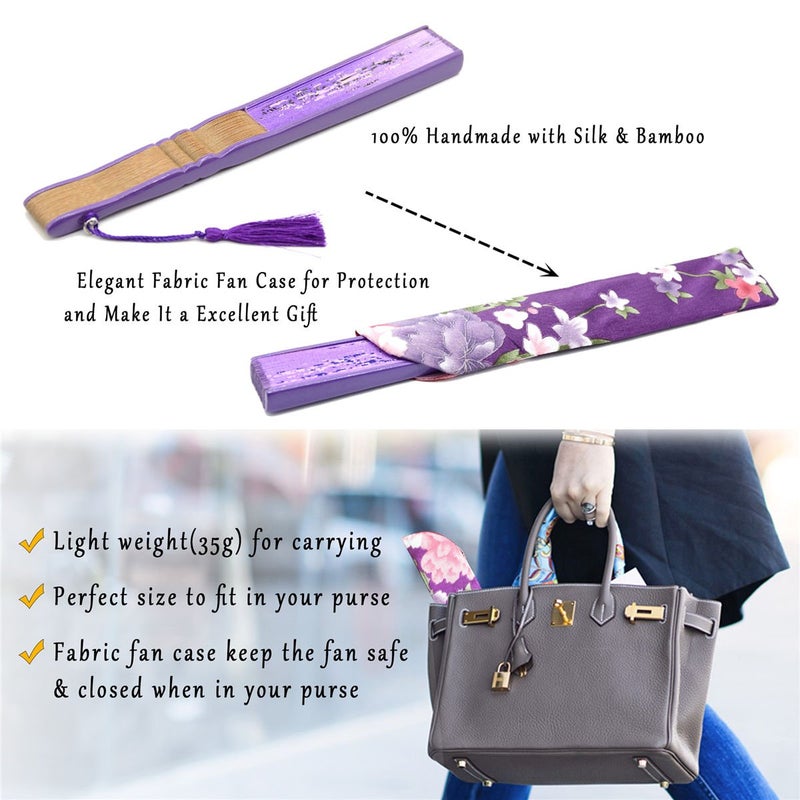 OMyTeaÂ® "Grassflowers 8.27"(21cm) Hand Held Folding Fans - With a Fabric Sleeve for Protection for Gifts - Chinese/Japanese Vintage Retro Style (Purple) - Image 5